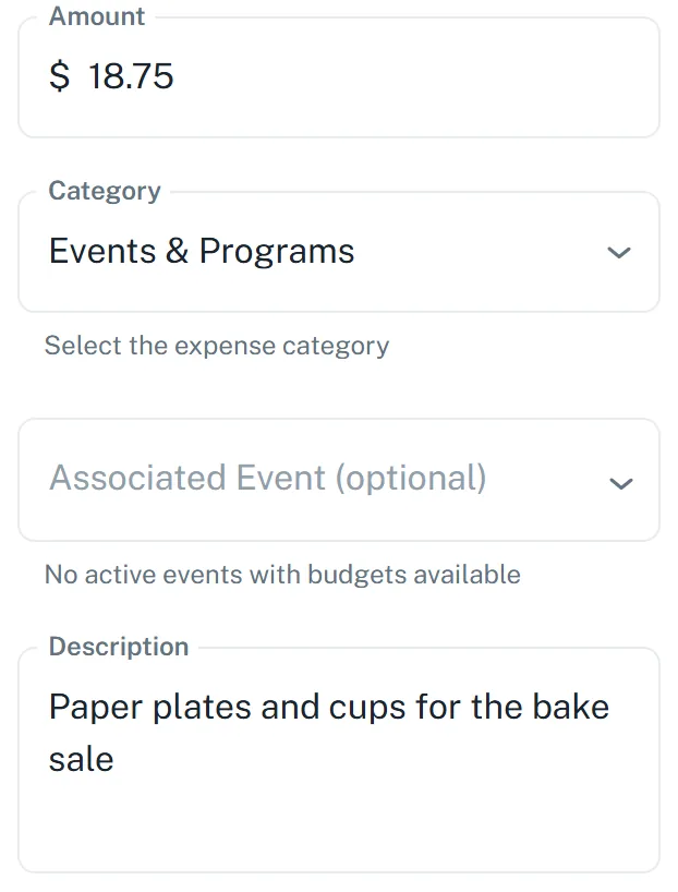 The Amount, Category and Description boxes, filled in for paper plates and cups for the bake sale