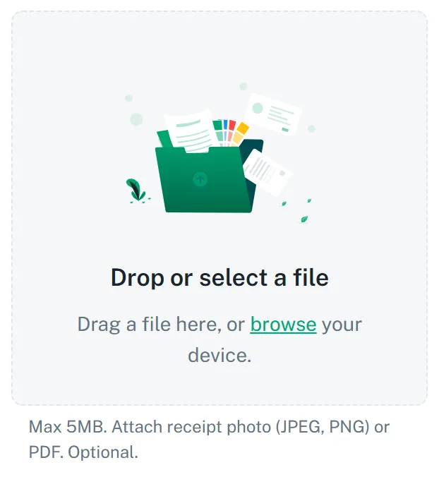 The box where you drop or pick the receipt file, with a note that it can be up to 5MB