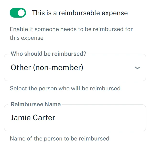 The reimbursable switch is on. Other is picked, and the name Jamie Carter is typed in