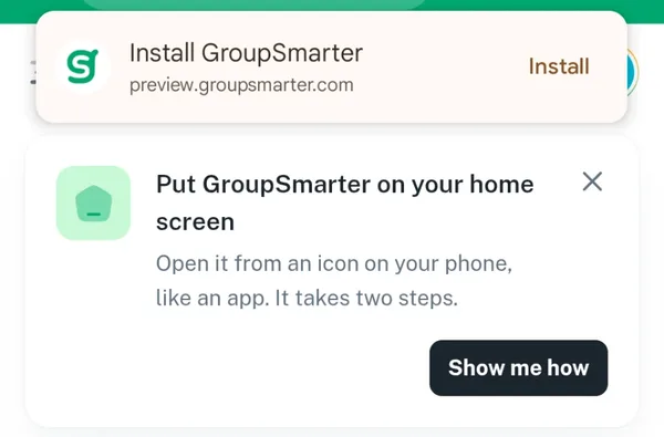 Chrome on an Android phone offering to install GroupSmarter at the top of the dashboard