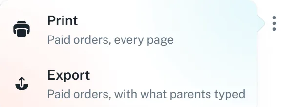The More options menu, opened from the three-dot button, with Print and Export