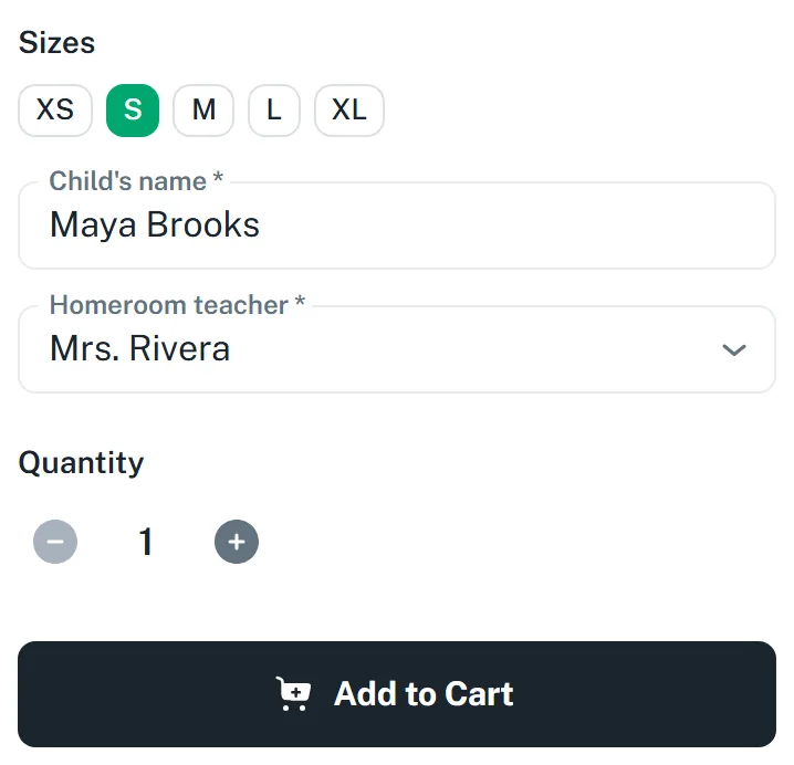 The size, child and teacher fields a family fills in on the item page. Size S, Maya Brooks, and Mrs. Rivera picked from the list