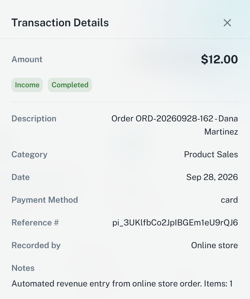 The same order in the books: $12.00, Income, Completed, Product Sales. Recorded by Online store.