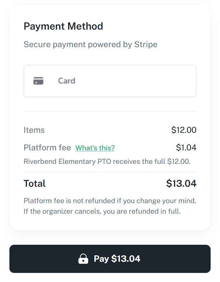 The checkout for the same shirt: Items $12.00, Platform fee $1.04, Total $13.04, and a Pay $13.04 button.
