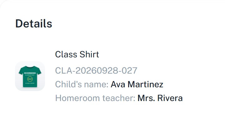 The order on the officer's screen: Class Shirt. Child's name: Ava Martinez. Homeroom teacher: Mrs. Rivera.