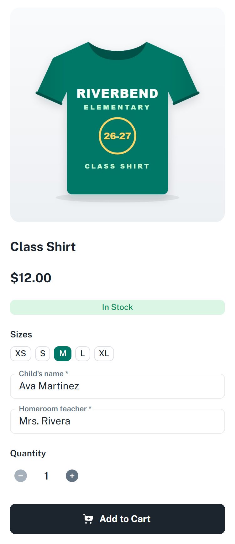 A green class shirt for $12.00 on a phone. Size M is picked. Both questions are answered. The Add to Cart button is ready.